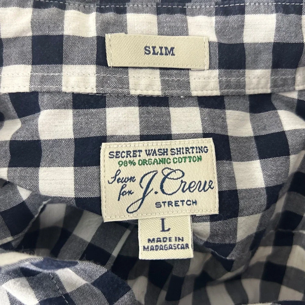 J. Crew Large Slim Secret Wash Button Down Shirt Navy Gingham Stretch Mens